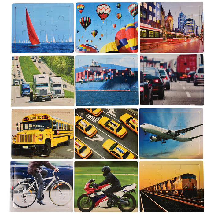Collage of various transportation-themed puzzles with different modes of transport.