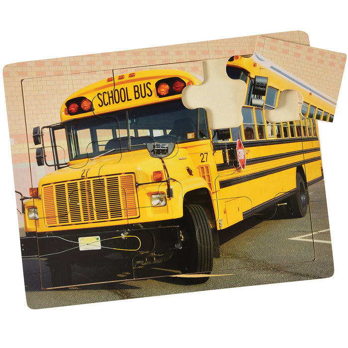 Puzzle of school bus with one piece moved on white background