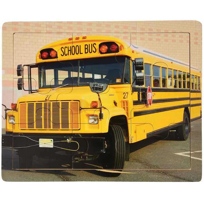 Puzzle of school bus on white background