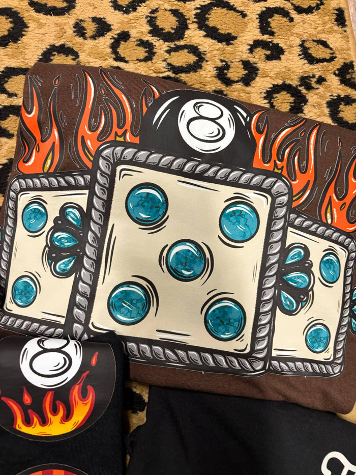 Turquoise Dice & 8 Ball Fire Tee