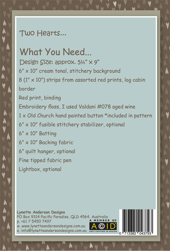 Two Hearts Stitchery by Lynette Anderson Pattern Back