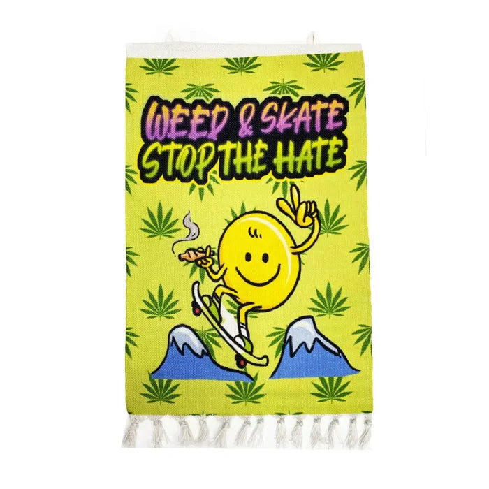 Vibrant Weed and Skate Wall Art featuring a cartoon smiley face skateboarding and smoking