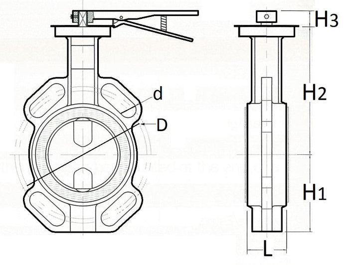 Technical drawing of a butterfly valve with dimensions labeled