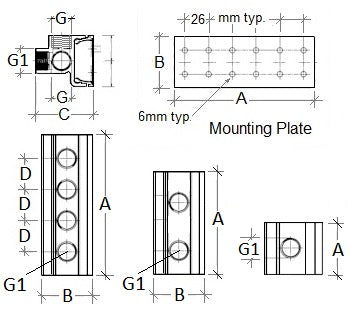 Technical drawing of a mounting plate with dimensions and labels