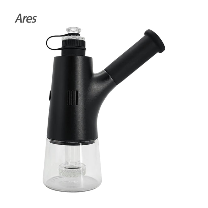 Black handheld Ares Dab Rig with clear glass base and ultra-thin quartz chip mouthpiece