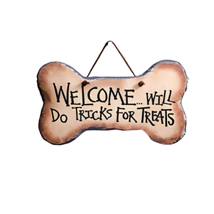 welcome will do tricks for treats dog bone plaque