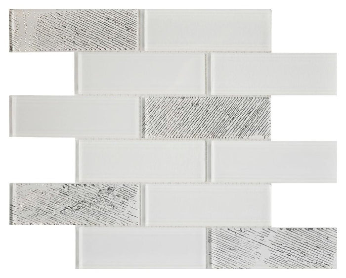 White Metallic 2x6 Glass Mosaic Tile 12x12 Sheet