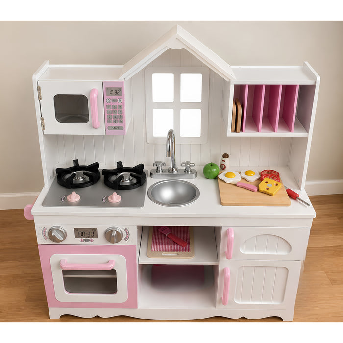 Wooden Play Kitchen with Burners & Sink – Preschool Dramatic Play Kitchen
