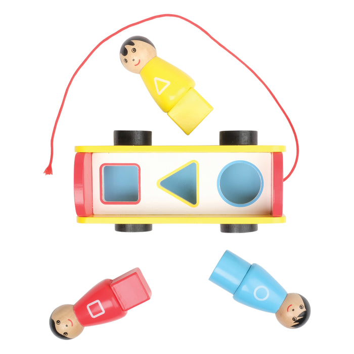 Colorful wooden toy train with three figures on a white background