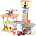 Wooden Rescue Center with Three Figures, Helicopter, Ambulance and Fire Truck