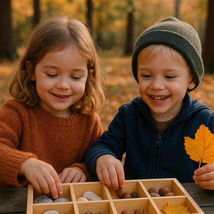 Two children in an autumn setting, one holding a leaf, with a box of rocks and leaves.