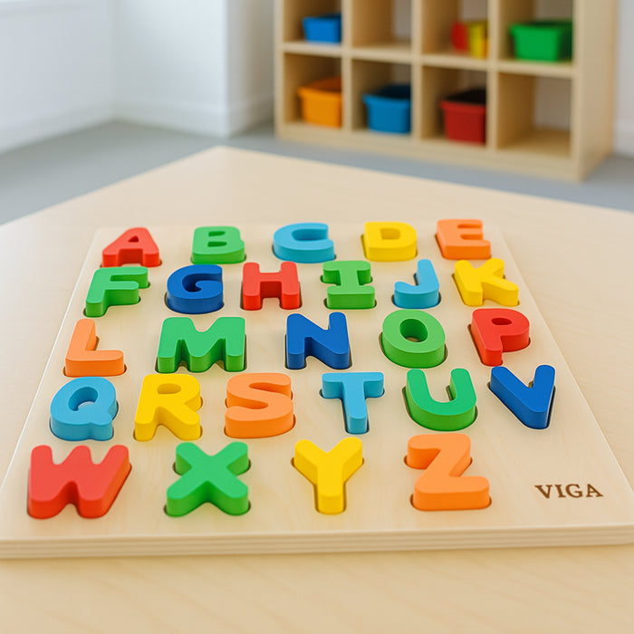 Colorful wooden alphabet puzzle on a wooden board with a blurred background of children's toys.