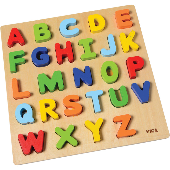 Wooden alphabet puzzle with colorful letters on a white background
