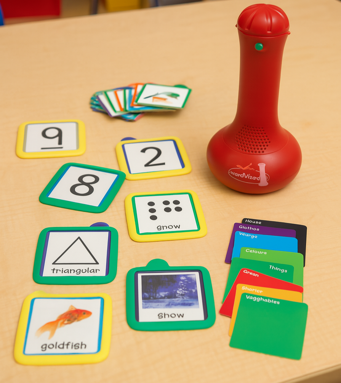 Educational game setup with cards and a red toy on a table